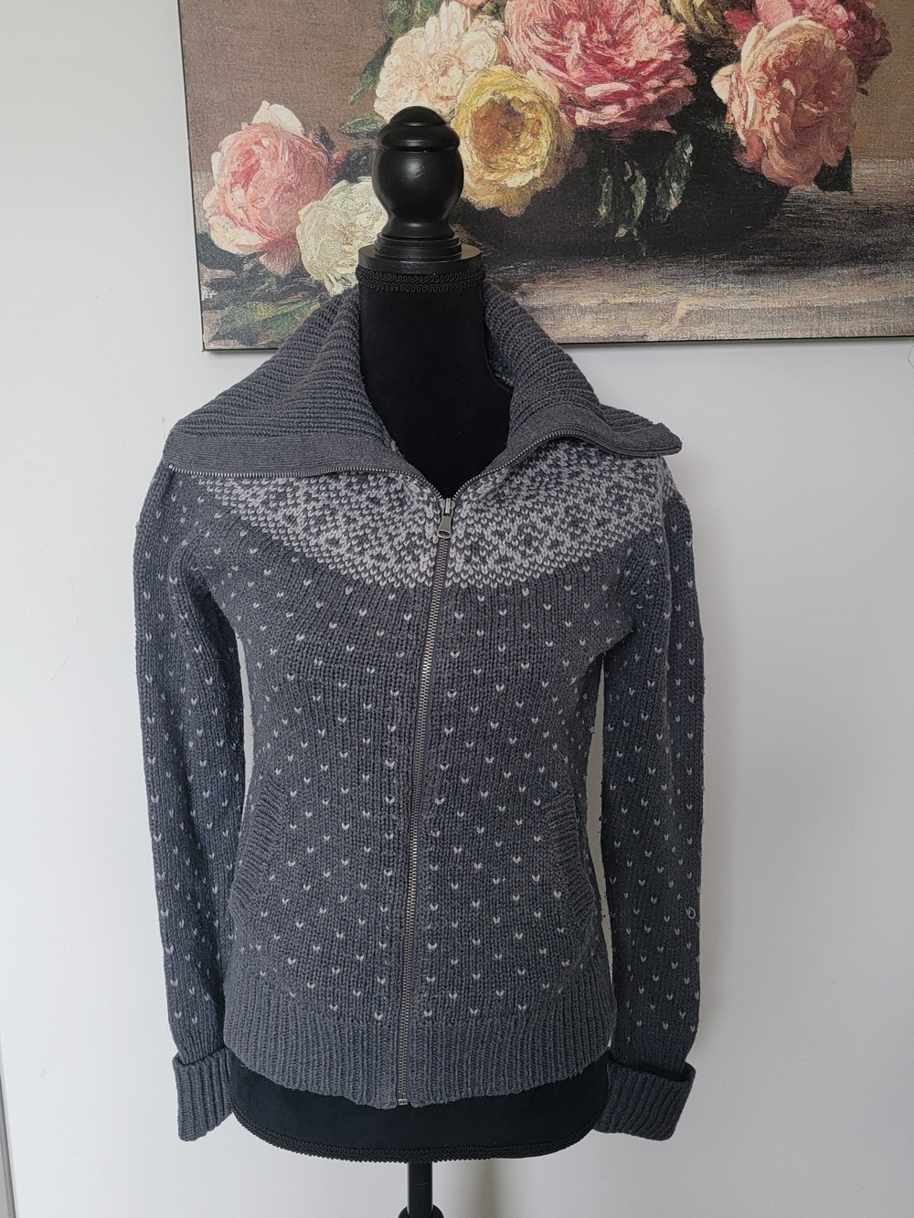 Talbots Gray Zip-Up Knit Cardigan with Nordic Yoke